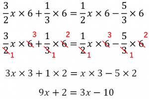 (3/2x+1/3)×6=(1/2x-5/3)×6の計算の過程①