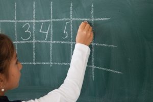 黒板で数学の問題を解いている生徒の写真