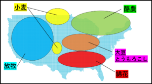 アメリカ合衆国の地域ごとに生産されている農産物が書かれている地図