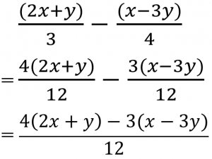 (2x+y)/3-(x-3y)/4=4(2x+y)/12-3(x-3y)/12={4(2x+y)-3(x-3y)}/12