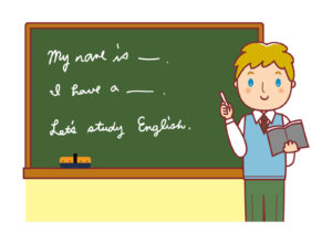 黒板で英語を授業している教師のイラスト