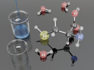 分子模型と水溶液の入ったビーカーが並んだ写真