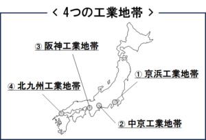 4つの工業地帯の場所が載っている日本地図