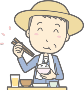 村人が食事をしているイラスト