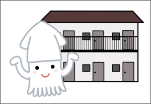 学生寮の前にイカがいるイラスト