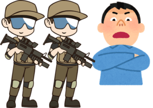 軍人に対して偉そう態度をとっている男性のイラスト