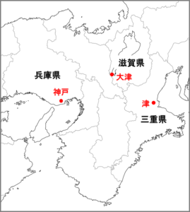 県名と県庁所在地が異なる都市が載っている近畿地方の地図
